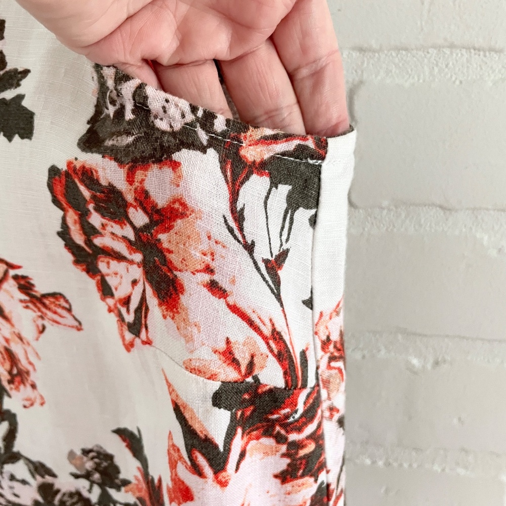 Romantic Linen Floral Midi Dress Ruffle Hem Effortless Chic Cream Olive Coral M - Picture 4 of 10